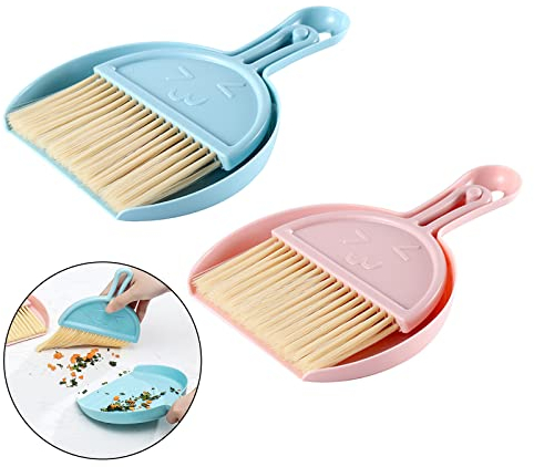 KALUROIL 2 PCS Ensemble mini pelle et balayette, petit balai et pelle à poussière, ensemble de brosse portable pour dessus de table, outils de nettoyage avec poils doux(bleu+rose)