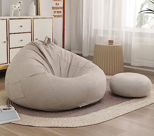 LDIW Fodera per Pouf a Sacco Senza Imbottitura Copertura per Poltrona Sacco in Tessuto Finto Scamosciato per Camera da Letto Soggiorno Interno,Beige White,100x120cm