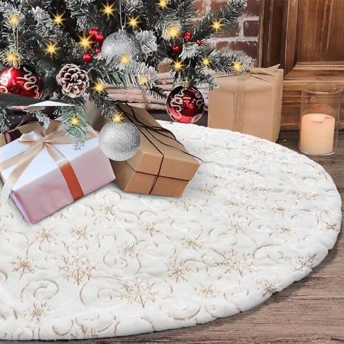 Dremisland Große Weihnachtsbaum Rock 122cm Weiß & Golden Plüsch Weihnachtsbaumdecke Pailletten Schneeflocken Christbaumständer Rund Christbaumdecke Rock Matte für Zuhause Feier Weihnachtsbaum Deko