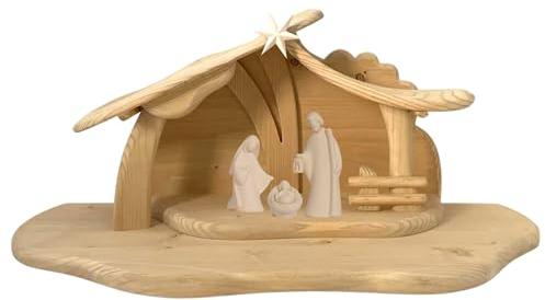 Akantus Leonardo Weihnachtskrippe aus Holz: Heilige Familie mit Stall HL.Nacht groß (8,5 cm, Natur)