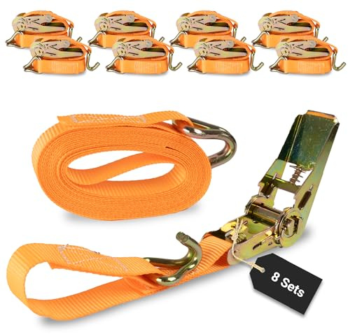 Rapid Spanngurte mit Ratsche 8 Stück - 25mm x 6m zweiteilig/bis zu 800kg belastbarer reißfester Zurrgurt/schnelle und sichere Zurrgurte mit Ratsche orange/Zurrschlaufen für 800 daN (0,8t)