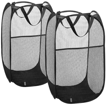 2 Stück Groß Netz-Wäschekorb Faltbar, Laundry Basket Mesh Pop up, Faltbarer Netz-Wäschekorb mit Robusten Griffen, Pop-Up Faltbare Wäschekörbe, Geeignet zur Aufbewahrung von Kleidung(Schwarz)