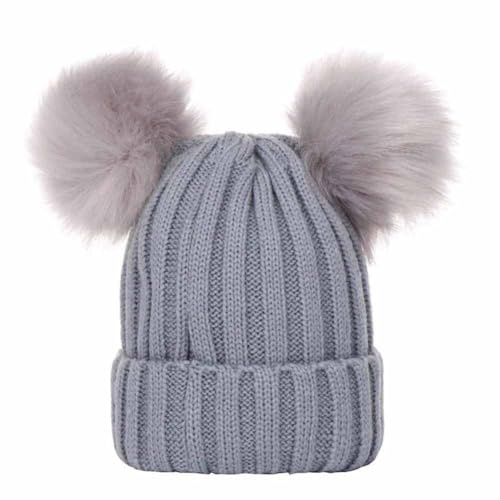 SHTGOI Damen Strickmütze Familie Passenden Niedlich Wintermütze mit Zwei Bommeln Warm Klassisch Gestreift Wollmütze Klein Slouch Fellbommel Beanie Hut für Frauen Mädchen Herbst Winter Grau
