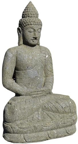 Teako Design Stonox Gartenfigur Buddha Karawal im Zustand der Erleuchtung, Gartendeko für draußen, Naturstein Skulpturen, Figur für Gartenbereich geeignet (58 x 24 x 32 cm)