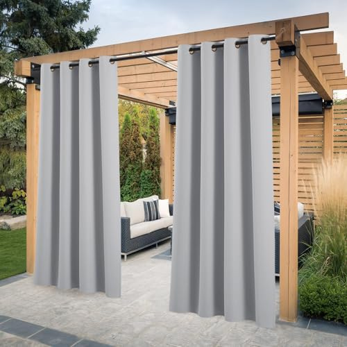 PONY DANCE Outdoorvorhang Wetterfest 2er Set H 213 x B 132 cm Pavillon Vorhänge Outdoor Gardinen Wasserdicht Sichtschutz & Sonnenschutz Balkon Vorhang Grau Blickdicht Ösenschal, Silbergrau