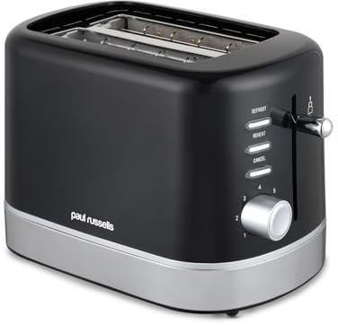 paul russells 850W Black with Chrome accent 2-Slice Kitchen Toaster – 7 step Browning Controls, Defrost, Reheat, Cancel Functions, LED Indicator, Cord Storage, Removable Crumb Tray – Fast Toasting