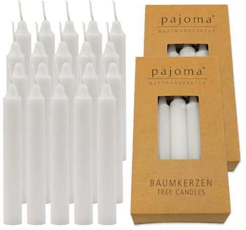 pajoma® Trädljus 20 stycken, vita – högkvalitativa stavljus | 10 g vaxvikt, ca 1 timme. Bränntid, 95 x 13 mm | premium spetsljus, födelsedagsljus