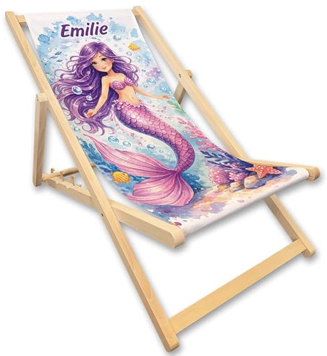 Unikatolo Kinder-Liegestuhl mit Name personalisiert, Strandstuhl, Geschenkidee Geburtstag Kindergarten Kinderzimmerdeko lila, Outdoor, Campingstuhl, Strandliege, individuell Bedruckt (Meerjungfrau)