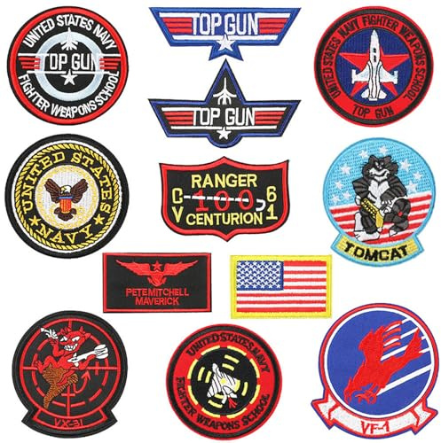 Meetlight Aufnäher zum Aufbügeln für Kleidung, Top Gun bestickt, zum Aufnähen auf Kleidung, Jeans, Jacken, Hüte, Schuhe, Rucksäcke, Applikation, DIY-Zubehör (12 Stücke)