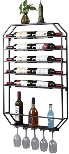 Weinregal Wand Metall Flaschenregal Schmal mit Weinglashalter Wine Rack Bar Regal Wand Weinschrank Hausbar Barschrank Weinständer Getränke Regal Mini Bar für Esszimmer Home Bar Küche Bartheke(Nero)