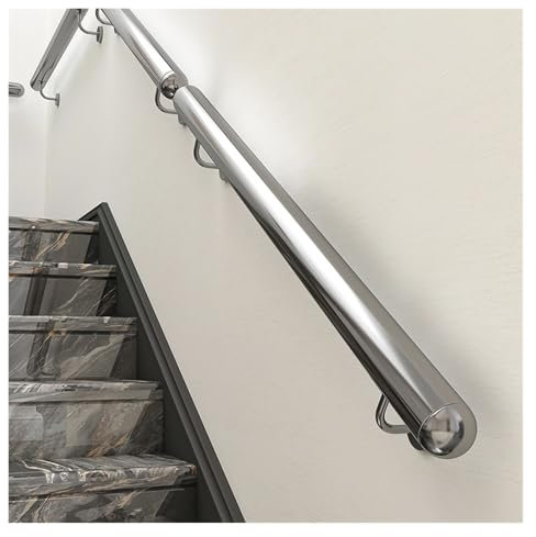 Kit corrimano rotondo da parete in acciaio inox, per interni ed esterni, lunghezza da 0,9 m a 7 m, opzioni di sicurezza per scale, corrimano per scale in legno, cemento e muri in mattoni, include
