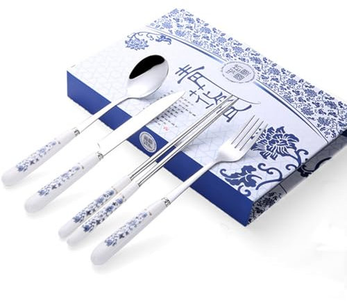 CTForest Stoviglie in ceramica da 4 pezzi, stoviglie in porcellana bianca e blu, classico set di stoviglie cinesi