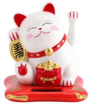 Fortune-Glückskatze, Winkekatze, Solarbetriebene Süße Winkekatze, Glücksbringer, Reichtum, Einladende Katzen für Zuhause, Autodekoration (Weiß)