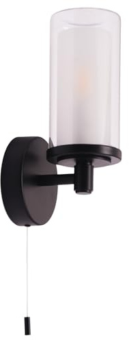 Happy Homewares Contemporary Double Glass and Matte Black Metal Bathroom Wall Lamp IP44 Rated with Pull Cord Switch | 1 x Maximum 7w E14 LED Required