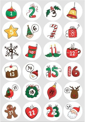 Mehrfarbige Adventskalender-Aufkleber, Adventskalender-Aufkleber, 1-24, Weihnachten, Zuhause und Küche, DIY-Weihnachts-Countdown-Aufkleber für Weihnachten, Adventszeit