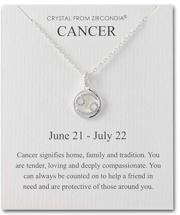 Philip Jones Collier avec pendentif signe astrologique du cancer et carte citation avec cristaux Zircondia