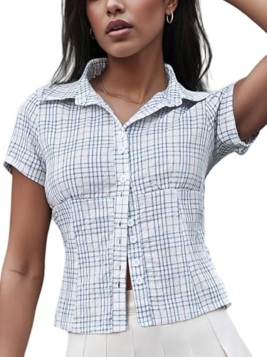 SANSIWU Womens Y2k Plaid Button Down Shirt Gingham Short Sleeve Collared Slim Fit Blouse Tops Casual Summer Tops Streetwear (A-Blue, M)