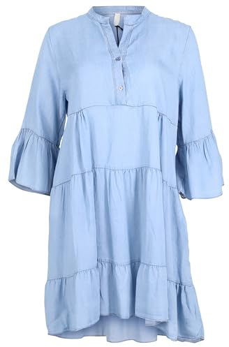 Malito – dam midi denimklänning – jeansklänning 3/4 ärm – ventilerande sommarklänning – volangklänning i jeanslook 2308, Ljusblå, 34-38