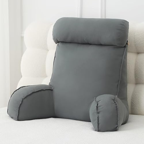 Lesekissen für Bett und Sofa Dunkelgrau 75×40×59CM, Rückenkissen Bett mit Abnehmbarer Nackenrolle, Rückenkissen Sofa mit Armlehne, Groß Rückenstützkissen Bettkissen Rückenlehne Kopfteil Wandkissen