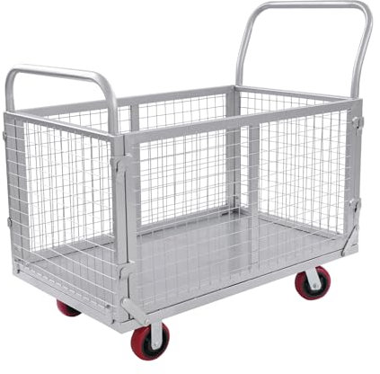 Chariot de transport à plateforme jusqu'à 200 kg avec grilles métalliques amovibles, chariot de jardin robuste avec pneus de 4 pour centres logistiques, entrepôts, centres de distribution