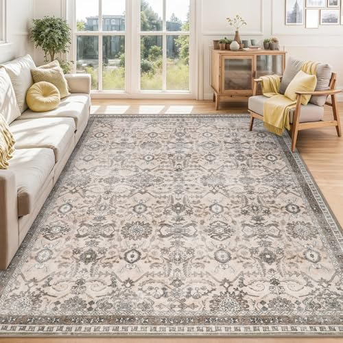 IMIYOKU Groß Teppich Wohnzimmer 200x290cm Waschbar in Waschmaschine Vintage Boho Kurzflor Carpet Weich Antirutsch Rugs for Living Room Schlafzimmer Esszimmer, Teppich Beige