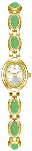 MASTOP Luxury Vintage Colorful Crystal Oval Watch Fashion Ladies Small Dial Dress Quartz Wrist Watch Waterproof Watch Fashion Bangle with Stainless Steel Band (U Jade Gold White)