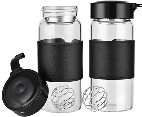 TELAIN Kleine Glas Shaker Flasche Shake Becher, BPA-frei, geruchlos, mit 304SS Rührball und abnehmbarer Reinigungsbürste für Fitness und Protein-Shakes, Schwarz, 2 Stück