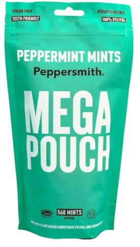 Peppermint Mints - Sugar Free 100% Plant Based Xylitol - Fresh Breath - Benefits Oral Health, Reduce Plaque, Kills Bacteria - Aspartame Free - Mega Pouch 560 Mints - By Peppersmith