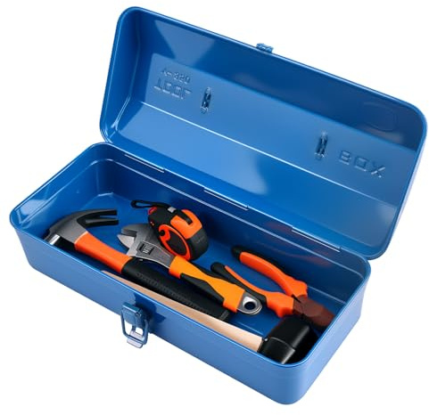 Werkzeugkoffer leer Gross Werkzeugbox 37×16×12cm Robust Langlebig Metall Werkzeugkasten mit Tragegriff und Verriegelung Transportkoffer universelle Aufbewahrung und Transport von Zubehör(Blau)
