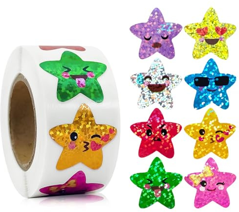 500pcs Smiling Star Stickers, 1 Inch Foil Colored Self Adhesive Sparkly Incentive Star Sticker Glitter Praise Stickers Roll for Kids Students Children Teachers Reward Supplies Crafts