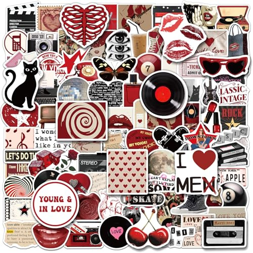BellaBlend Downtown Girl 200-teiliges Sticker-Set: Aesthetic, Trendy Sticker für Girls & Teenager - Rot & Schwarz - Vinyl - Für Trinkflaschen, Handyhüllen, Laptops & mehr