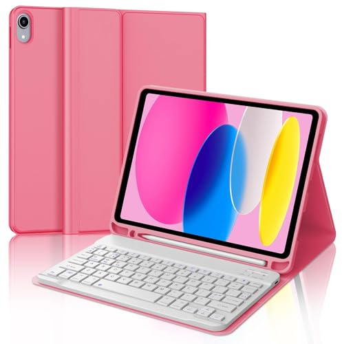 Keyboard Case for iPad A16 11th Generation 2025/10th Generation 2022, UK Layout Detachable Bluetooth Keyboard with Slim Cover and Pencil Holder for iPad 10th/11th Generation 10.9/11 inch, Rose Red