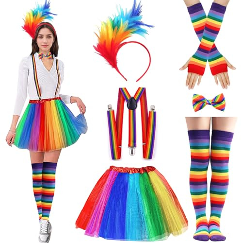 DAZZTIME Tutu Arc en Ciel Femme Déguisement,Jupe en Tulle Arc-en-Ciel,Femme Ballet Tutu Tulle Jupes,avec Bandeau à Plumes Colorées,Sangle,pour Fêtes,Carnavals,Halloween Costumes