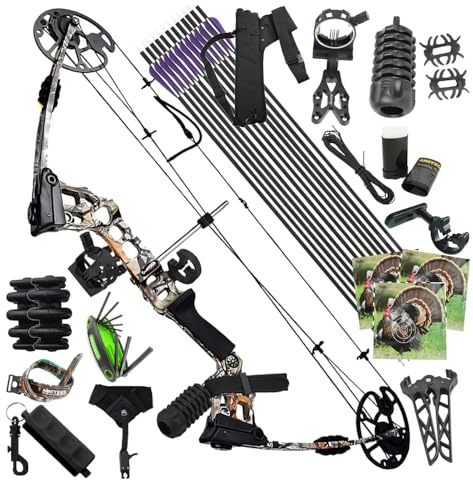 Set arco compound pronto per la caccia - Potenza di trazione 20-70 libbre, lunghezza di trazione 24“-30”, velocità 320 fps, completo di tutti gli accessori per la caccia e il tiro al bersaglio