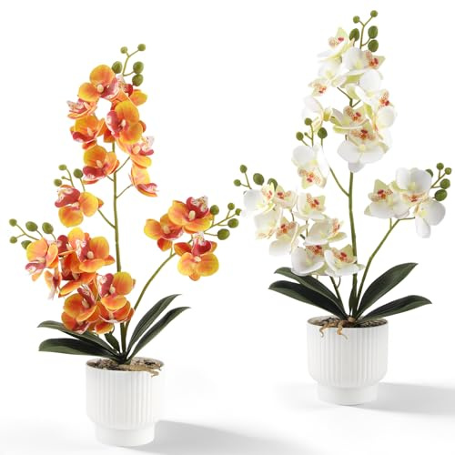 Vaskula 2 Stücke Orchideen Künstlich Kunstblumen & -Pflanzen 42cm Künstliche Blumen im Topf Kunstblumen Wie Echt Blumen Kunstpflanze für Wohnzimmer Büro Dekoration Gelb und Weiß