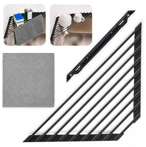 ZDBFu Aufrollbares Abtropfgestell, 40.8 x 22.7cm Edelstahl Geschirr Dreieckige Abtropfgitter mit Silikonbeschichtung, Klein Faltbar Spülbeckenecke mit Lappen für Die Küche Spülbeckenecken Schwarz