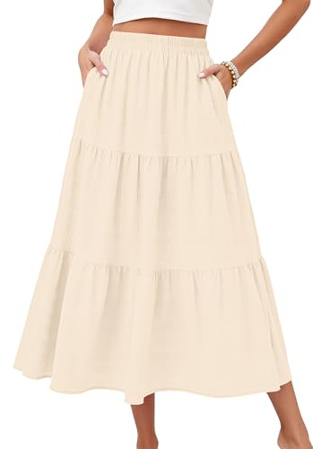 MOLERANI Women's Skirts Elegant Long Skirt Smock Layered Tiered Maxi Skirt A Line Skirts with Pockets Beige S