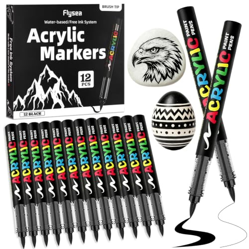 Funnasting Acrylic Paint Pens (12 Pack), Flexible Brush Tip Markers | Waterproof direct liquid ink, 0.5–5mm nibs, works on rock, wood, metal, plastic, glass & ceramic crafts
