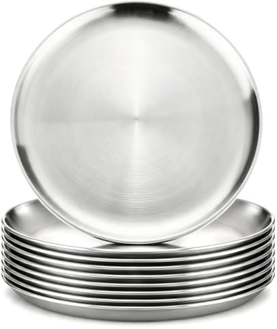 SPOKKI Lot de 9 assiettes en acier inoxydable 201 - 20 cm - Empilables - Réutilisables - Pour cuisine, pique-nique, barbecue et extérieur