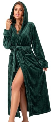 RONGTAI Womens Robes Plush Fleece Hooded Bathrobe Thick Nightgown with Pockets Fluffy Sleepwear (US, Alpha, Large, Regular, Regular, Emerald Green)