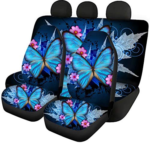 chaqlin Blue Butterfly Auto Vordere Rücksitzbezüge Kompletter Satz von 4 Stück Universal Fit Die meisten Auto-SUV-Van-Trucks, Rücksitz-Schutzpolster für Damen-Autozubehör