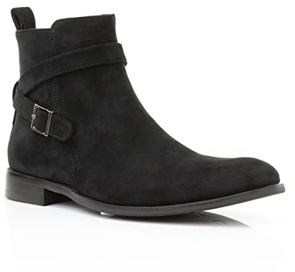 Polar Fox Derrick MPX806077 Memory Foam Classic Chelsea Boots with Strap and Buckle, 9.5, Black (Suede)
