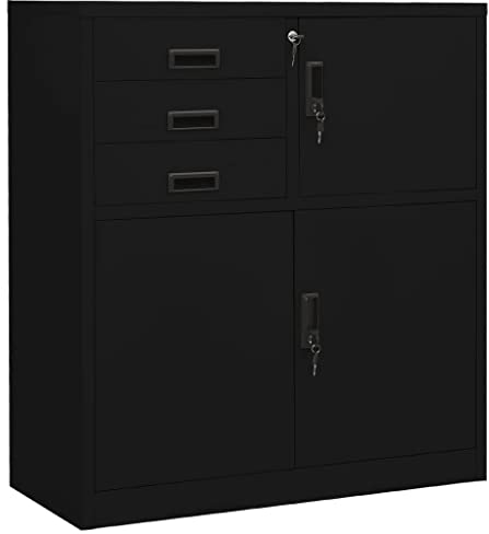 Stahlspind Aktenschrank Metall Spind Aufbewahrungsschrank Schlüsselschrank Abschließbarer Lagerschrank Stahlblech mit Schließfach und 3 Schubladen, Schwarz 90x40x102 cm