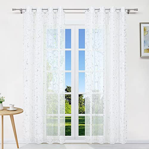 CORLIF Voile Gardinen mit Ösen Transparenter Vorhang Einfarbig Wohnzimmer Schals Fenster Schlafzimmer Vorhänge mit Marmormuster Silber BxH 140x145cm 1er Pack