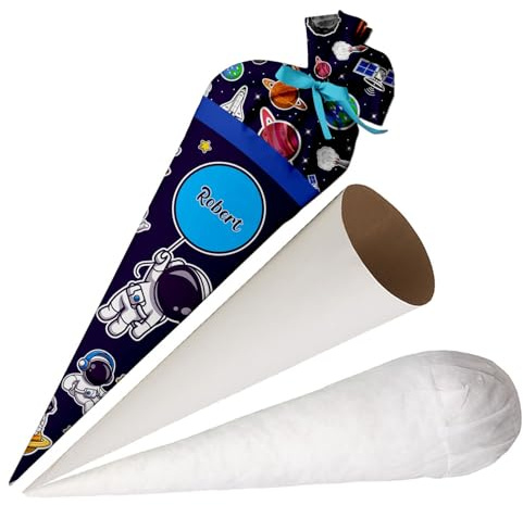 Ferocity Schultüte Jungen Weltall Astronaut mit Namen für Mädchen und Junge Tüte 70 cm Zuckertüte aus Papprohling mit runde Rohling und Füllung aus Silikonkügelchen große Tüte als Kissen