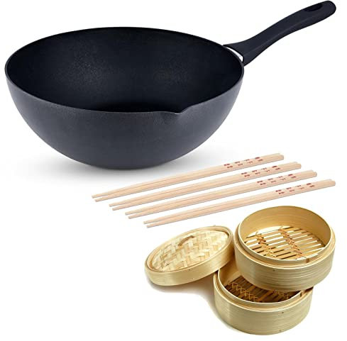 Ken Hom Wok 30 cm aus Aluminium antihaftbeschichtet mit Ausguss - induktionsgeeignete Stielwokpfanne für Gas, Elektro und Glaskeramik - Set inklusive Dampfkorb 20 cm & 4 Paar Essstäbchen