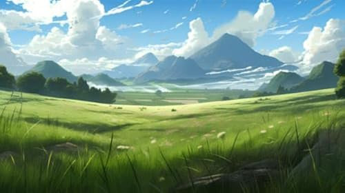 Acryl-Bild 130 x 70 cm: Schöne Sommerlandschaft mit grüner Wiese und Bergen am Horizont (201174314)