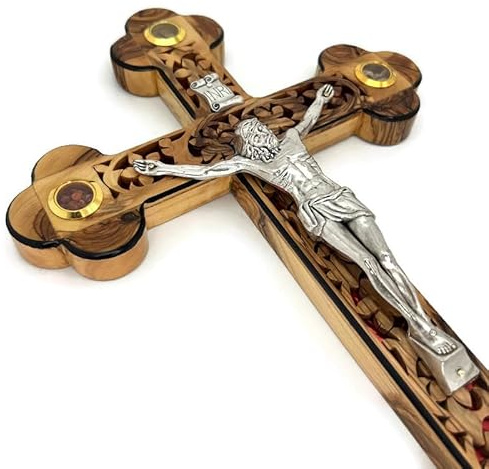 Large Crucifix Wall Cross Olive Wood, Catholic Crucifix for Wall Decor With Mother of Pearl, Wooden Crucifix with Relics from the Holy Land, Wedding Crucifix, Wooden Crosses (X-Large 15 x 10 x 1)