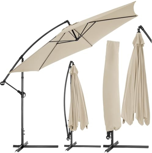 tectake® Sonnenschirm mit Ständer, Ø 350 cm, Sonnenschutz für Balkon, Garten und Terrasse inkl. Schutzhülle, Ampelschirm groß mit Kurbel-Seilsystem, Schirm mit stabilem Gestell - beige