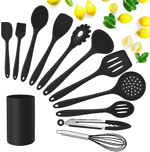 Herogo Set di utensili da cucina, 12 pezzi, in silicone, con supporto per utensili, antiaderenti e resistenti al calore, set da cucina, frusta per padella, cucchiaio, lavabile in lavastoviglie,